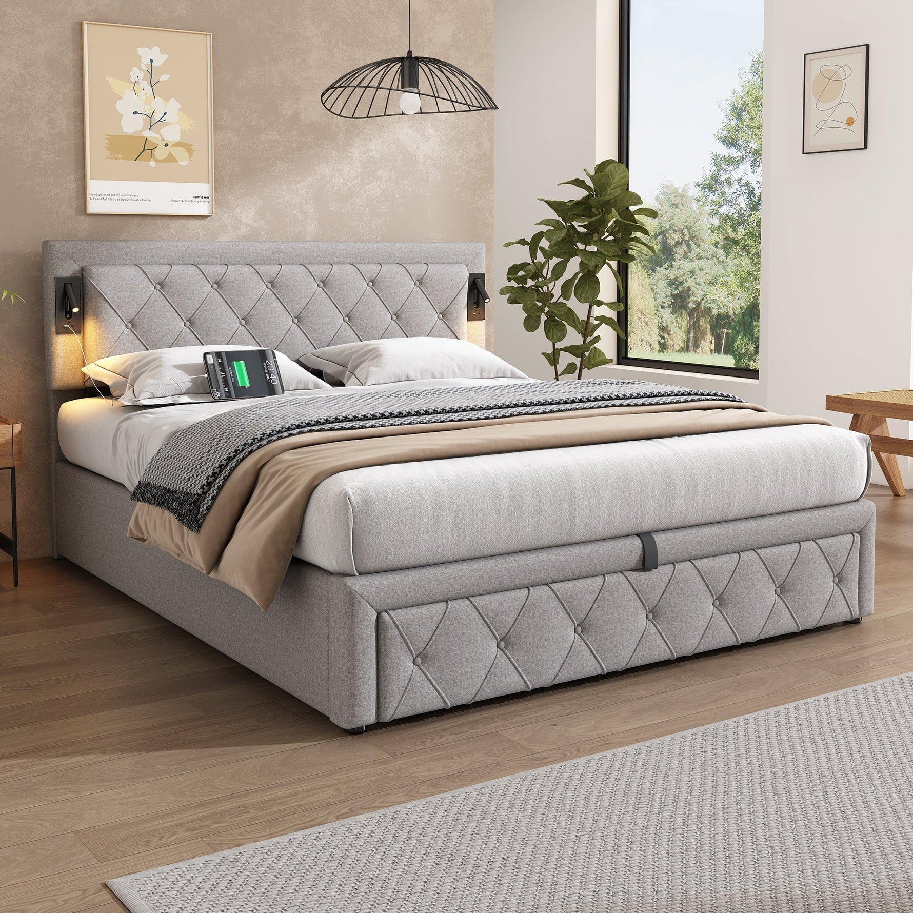 Upholstered Storage Bed with Downlight, USB Port and Slatted Base, 160x200cm, Grey Linen
