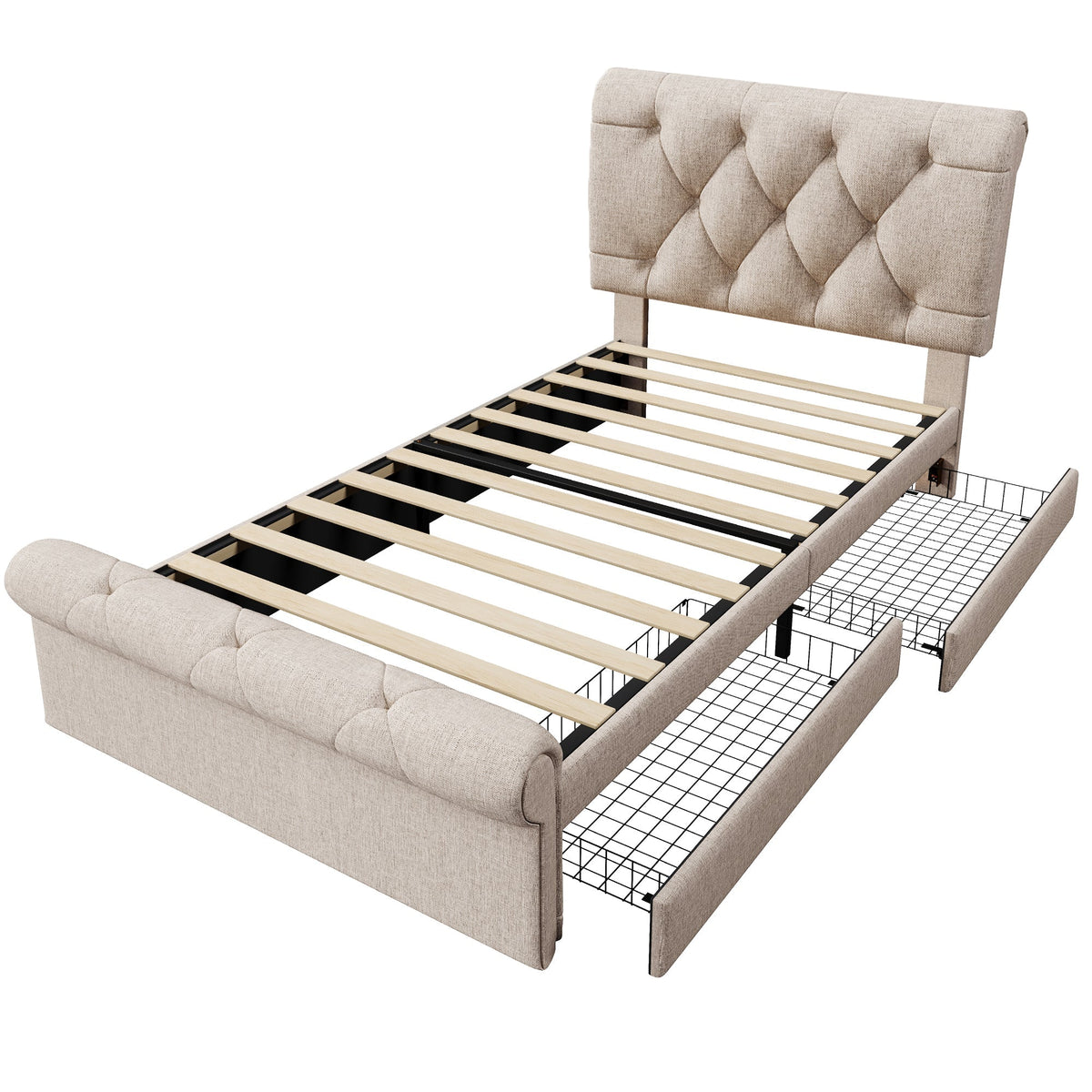 Single Upholstered Bed, 90x200cm with 2 Drawers, Adjustable Headboard, Natural
