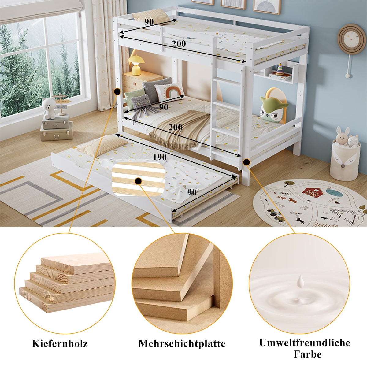 Bunk Bed Extendable with Shelves, Slats, Ladder, Pine/MDF/Plywood, White, 90x200cm