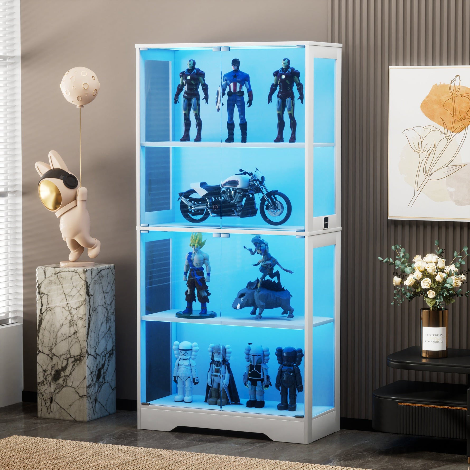 Four-tier Glass Display Case with Storage, LED, Smart Sensors, Dustproof - White