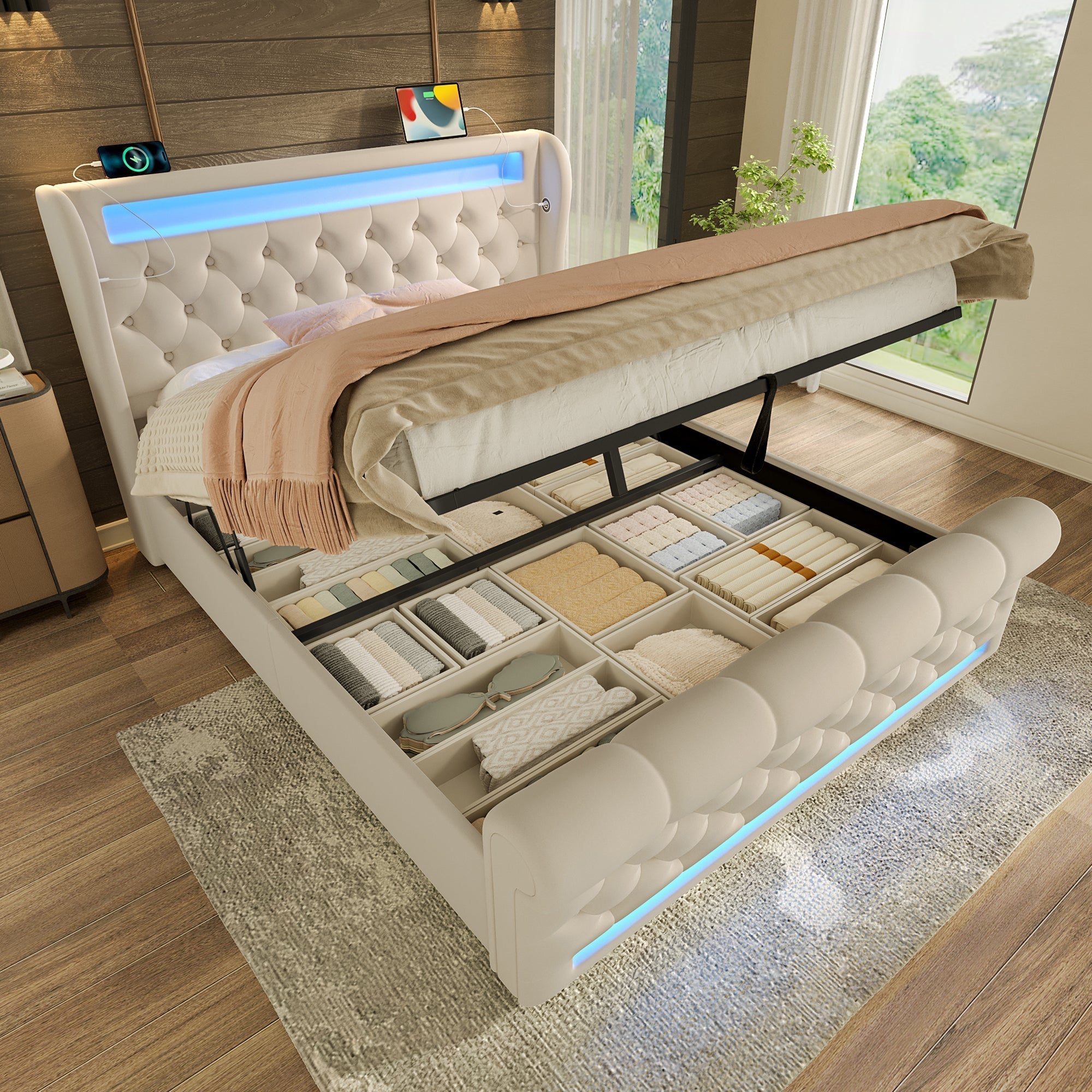 Upholstered Double Bed with LED, USB, Type-C and Hydraulic Storage, 140x190cm, Beige Velvet