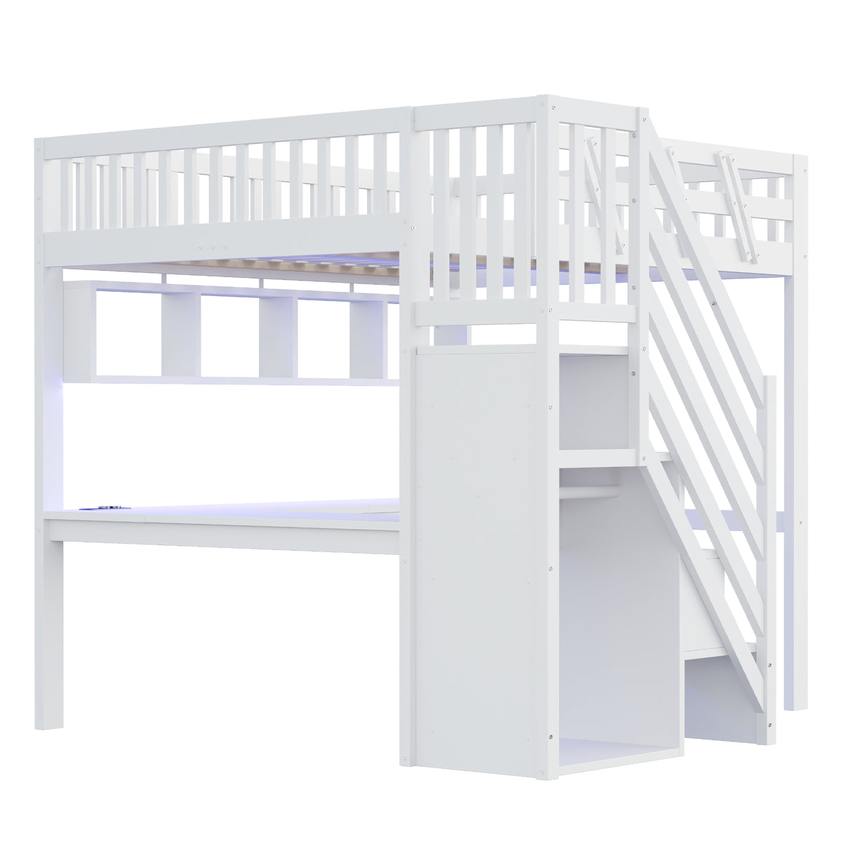 Solid Wood Bed 140x200 with Desk, Storage & LED - White