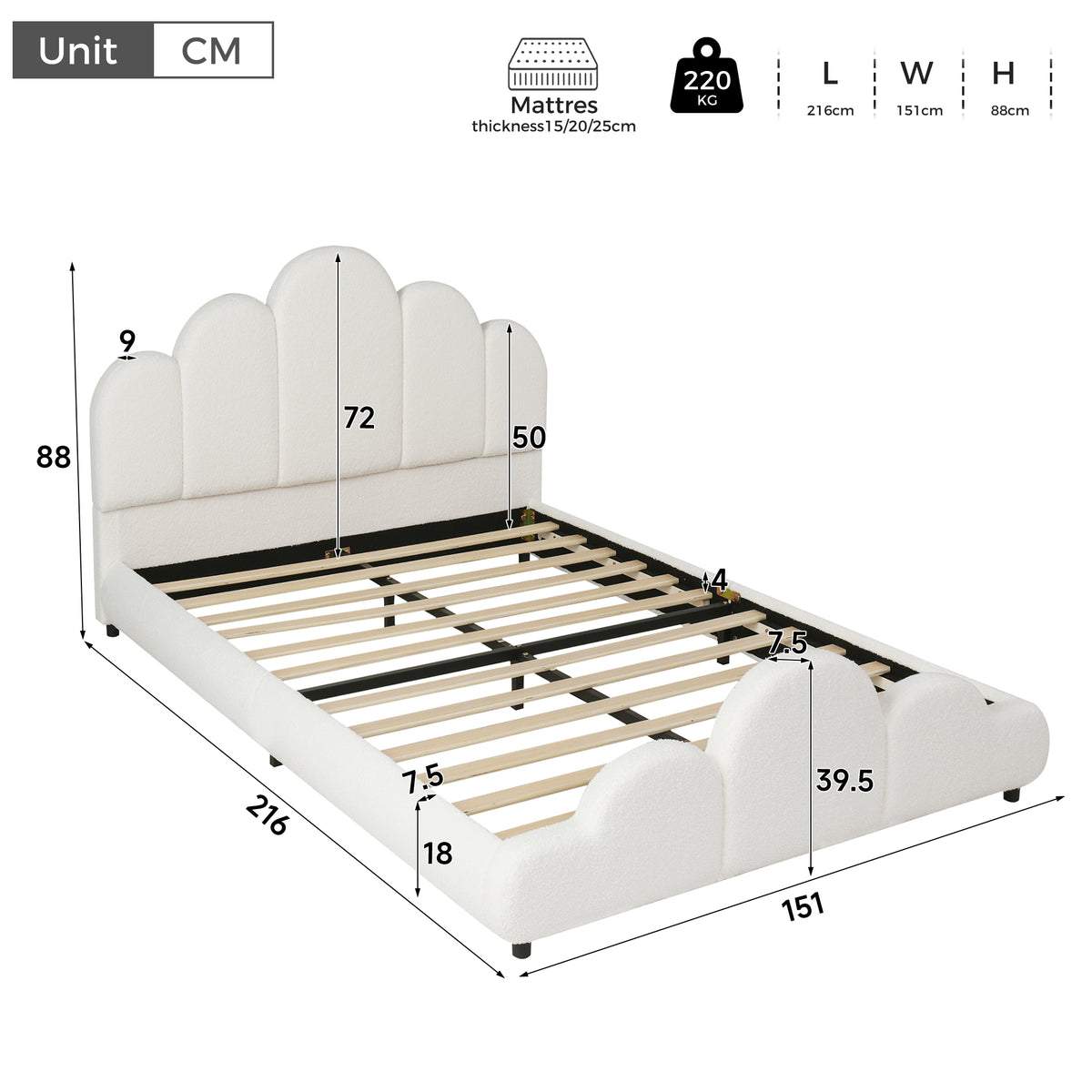 Upholstered Children's Bed 140x200cm with Headboard in Beige Bouclé