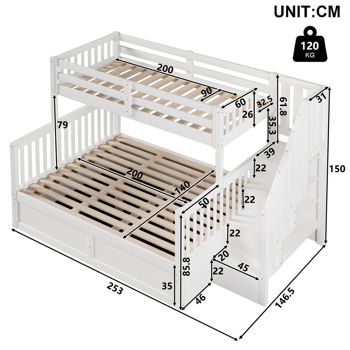 Bunk Bed 90/140x200cm Hydraulic Storage Ladder White