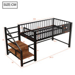 Low Loft Bed with Storage Ladder and Metal Frame, 90x200cm, Black Metal