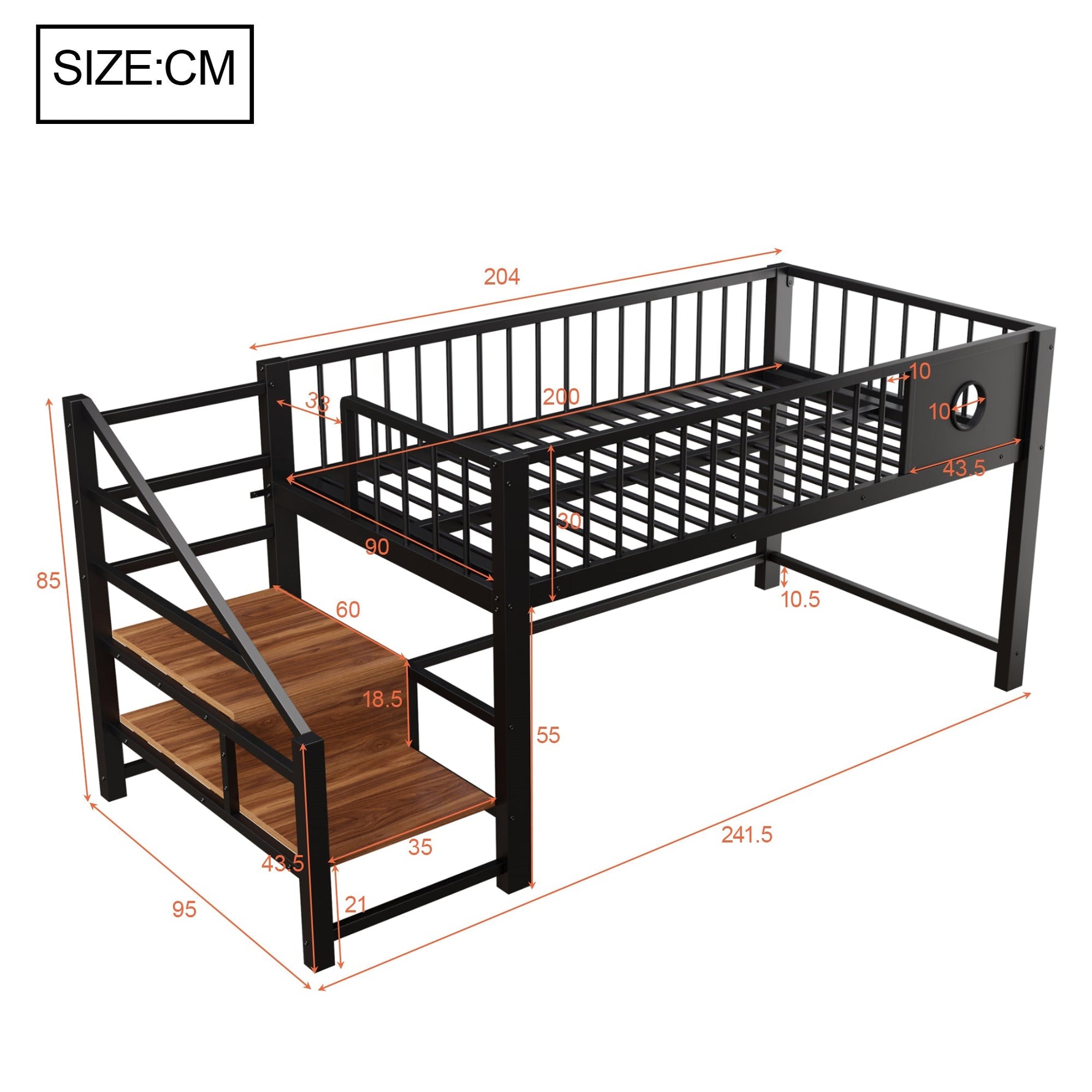 Low Loft Bed with Storage Ladder and Metal Frame, 90x200cm, Black Metal