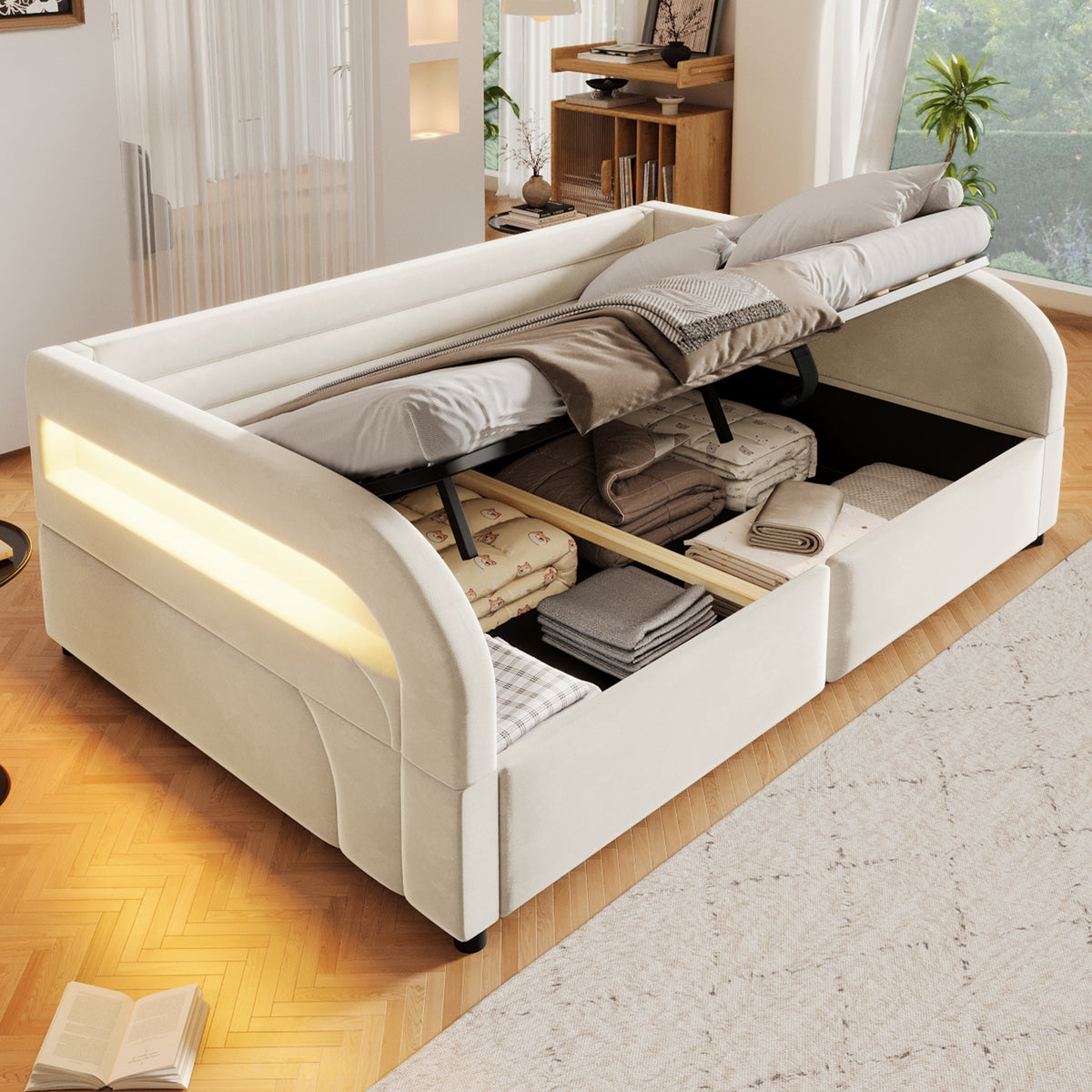Upholstered Platform Bed 140x200, Hydraulic Storage & LED, Beige