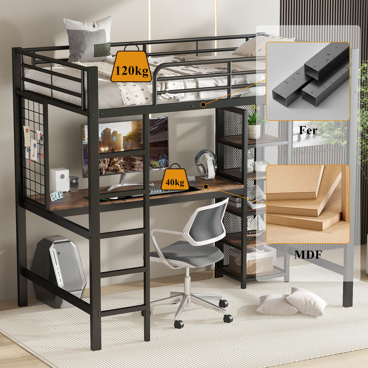 Loft Bed with Desk & Shelves 90x200cm - Black & Dark Wood