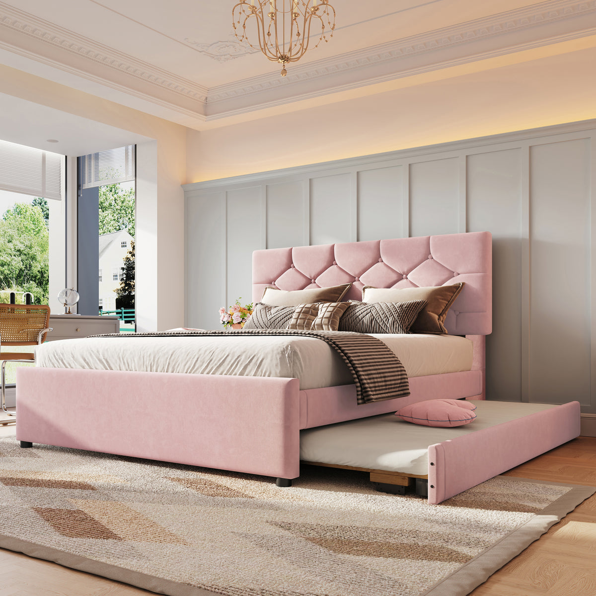 Upholstered Bed 140x200cm with Pull-Out Bed, Pink