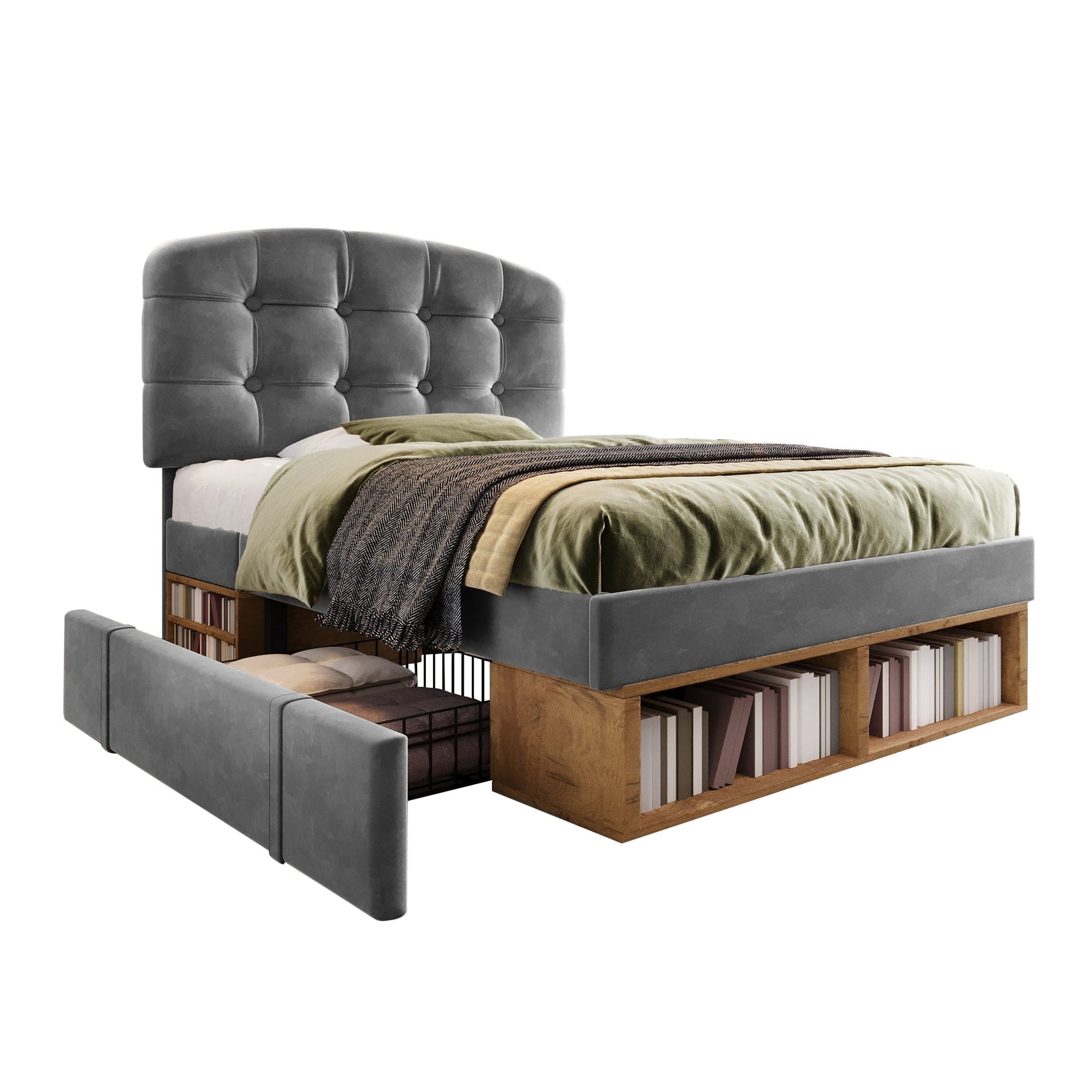 Upholstered Single Bed with Adjustable Headboard, Drawers and Storage, 90x200cm, Grey Velvet
