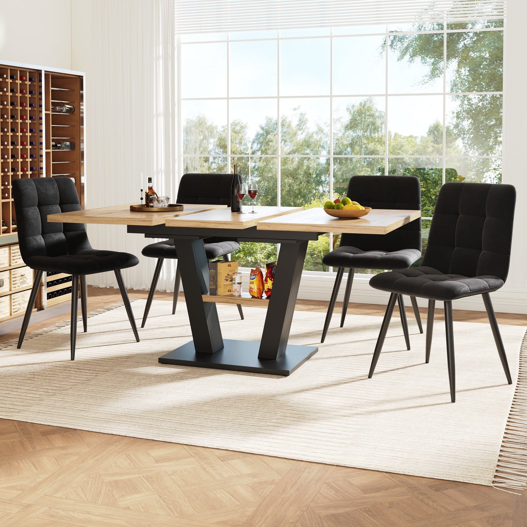 Dining Table Set Extendable V-Legs 5-Piece - Velvet