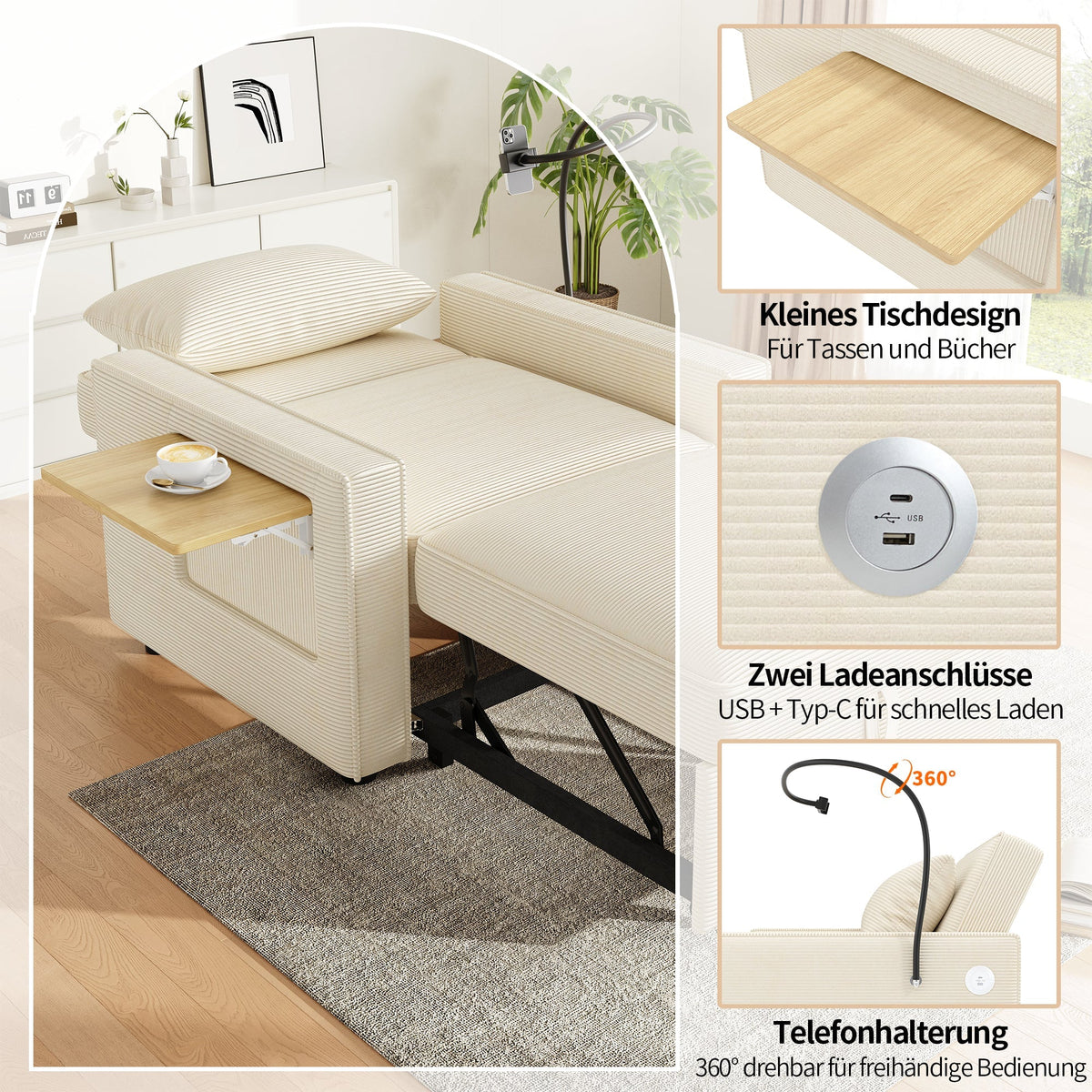 Multifunctional Foldable Sofa Bed 1-Seater Recliner USB Charging Space-Saving Corduroy Fabric Beige