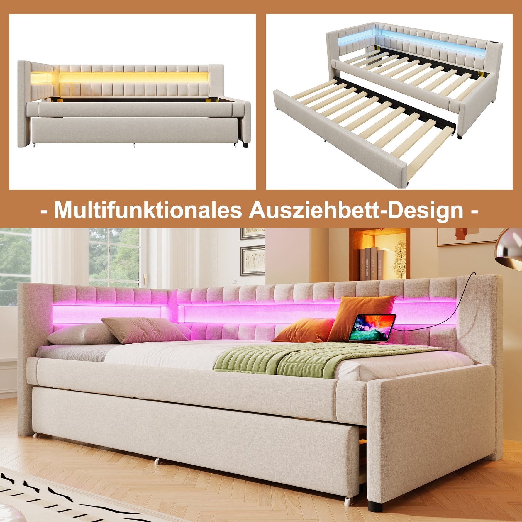 Daybed with LED Light Strip and Pull-out Bed, USB + Type-C, Beige Linen