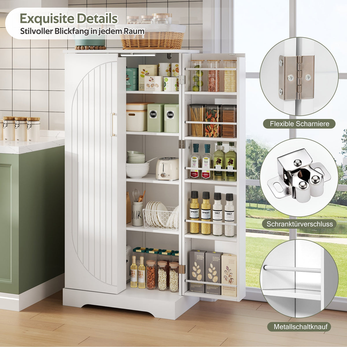 Multifunctional Kitchen Cabinet with LED Sensor Light and Adjustable Shelves, White
