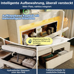 Upholstered Bed 90x200 cm with Hydraulic Storage, LED Lighting and USB Charging, Beige Linen