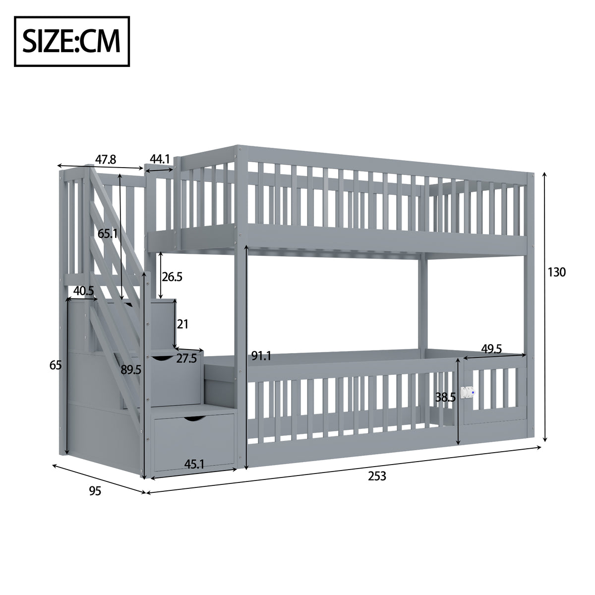 Bunk Bed 90x200 with Safety Stairs & Storage Drawers, Grey Wood