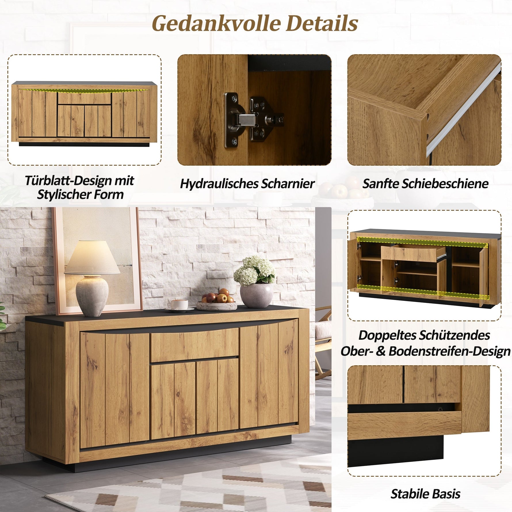 Sideboard 140x52cm 4 Doors 1 Drawer Handleless Storage Wood/Black
