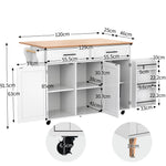 Dining Cart Sideboard 129cm Folding Worktop Storage Cabinet Wheels Reversible Feet - Wood Grain & White