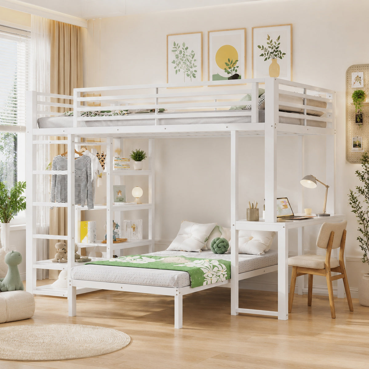 Bunk Bed 90x200cm with Desk & Shelves, White Metal