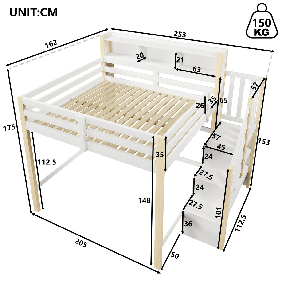 Loft Bed 140x200cm with LED Lights & Storage - White & Natural