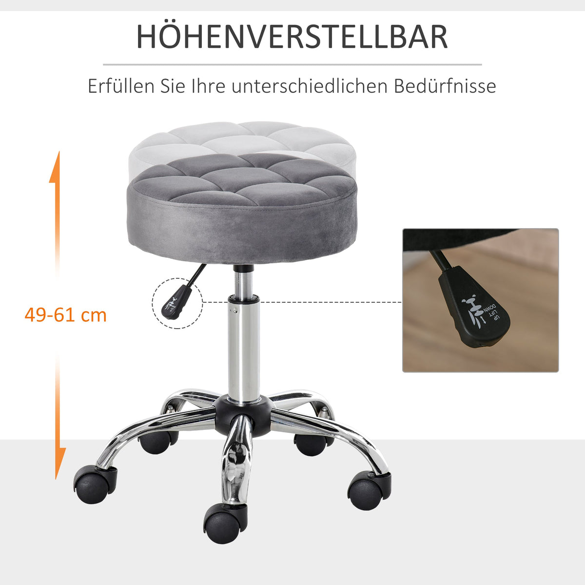 Salon Chair/Stool, Height-Adjustable Swivel with Wheels, Velvet Touch Grey