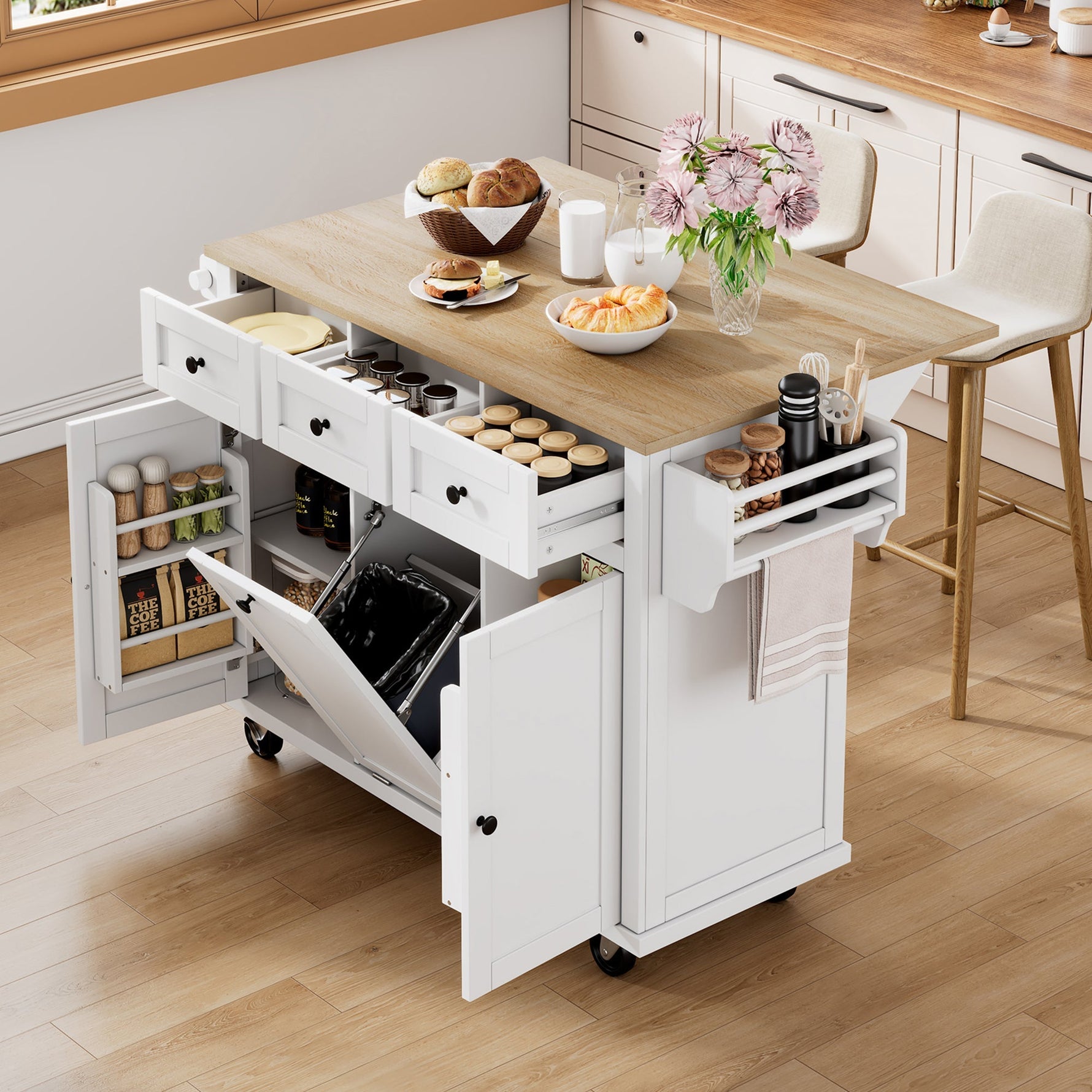 Mobile Kitchen Island Extendable Dining Area with Waste Bin & Drawers, White