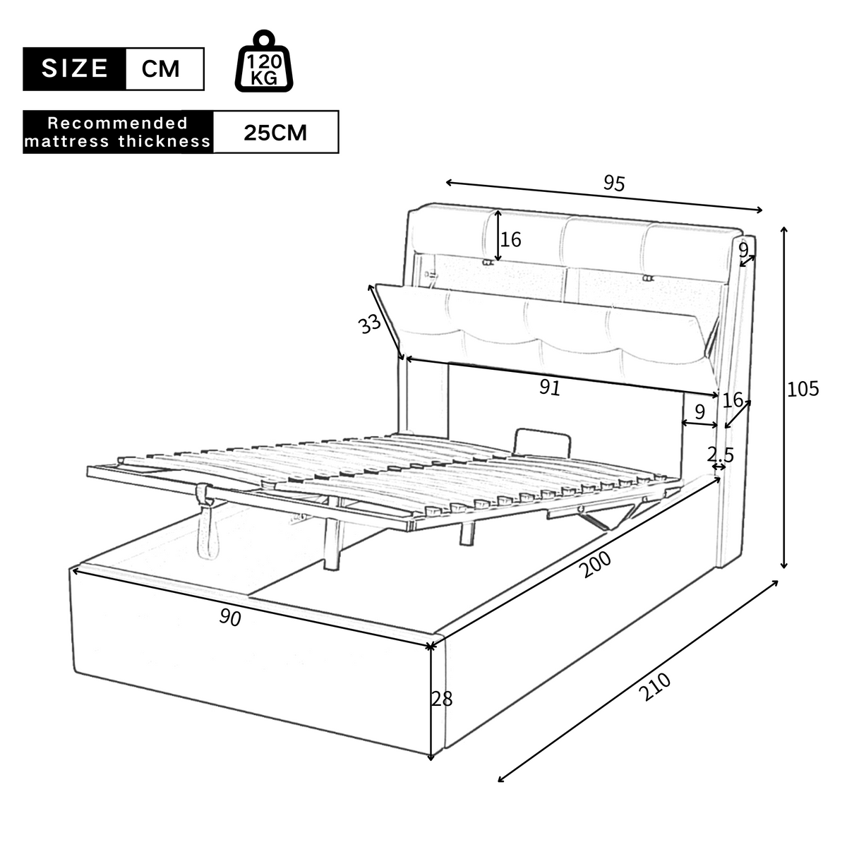 Upholstered Bed 90x200 Hydraulic Bed Box & Headboard Storage PU White