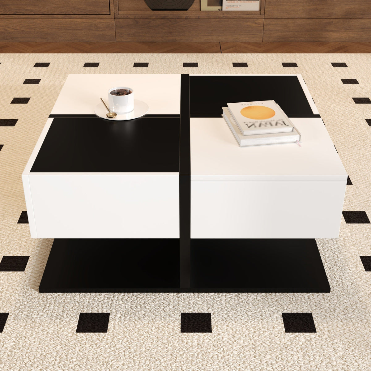 Modern Coffee Table with 2 Drawers, Square Living Room Table, 70x70x35.5 cm, Black and White