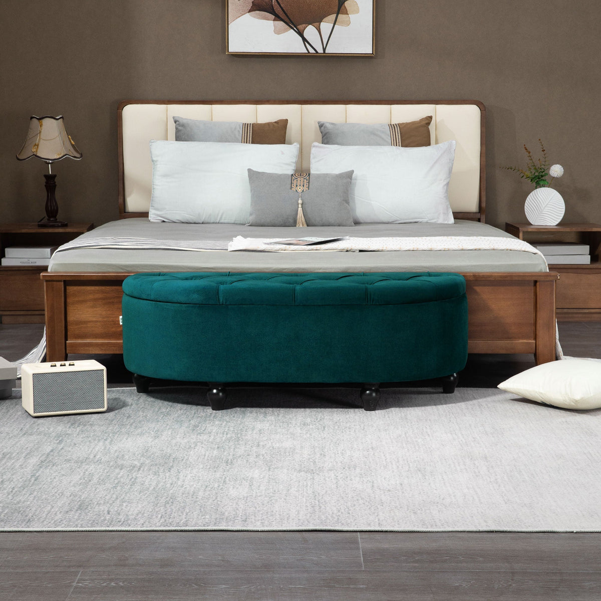 Storage Bench, Open Lid Upholstered, Dark Green Velvet