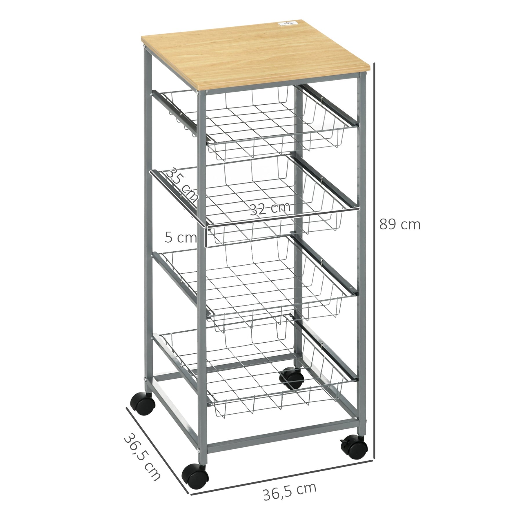 Serving Cart with Metal Baskets, 36.5 x 36.5 x 89 cm, Silver