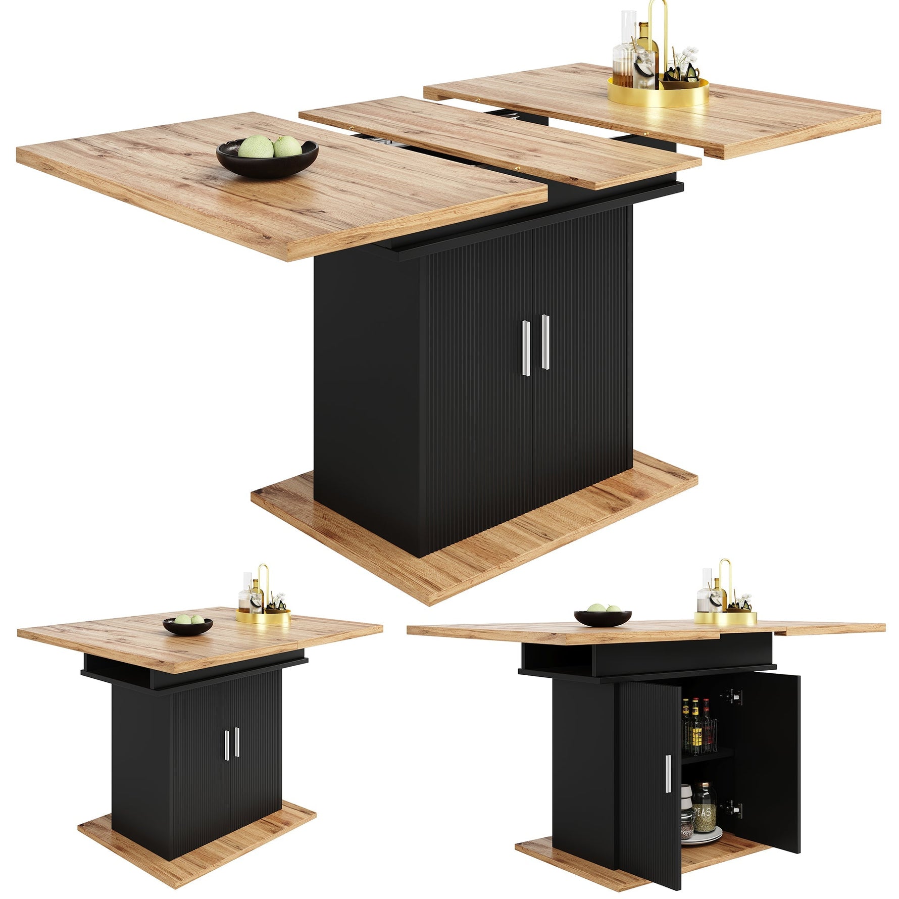 Telescopic Extendable Dining Table 140x70cm Storage Shelf - Natural/Black