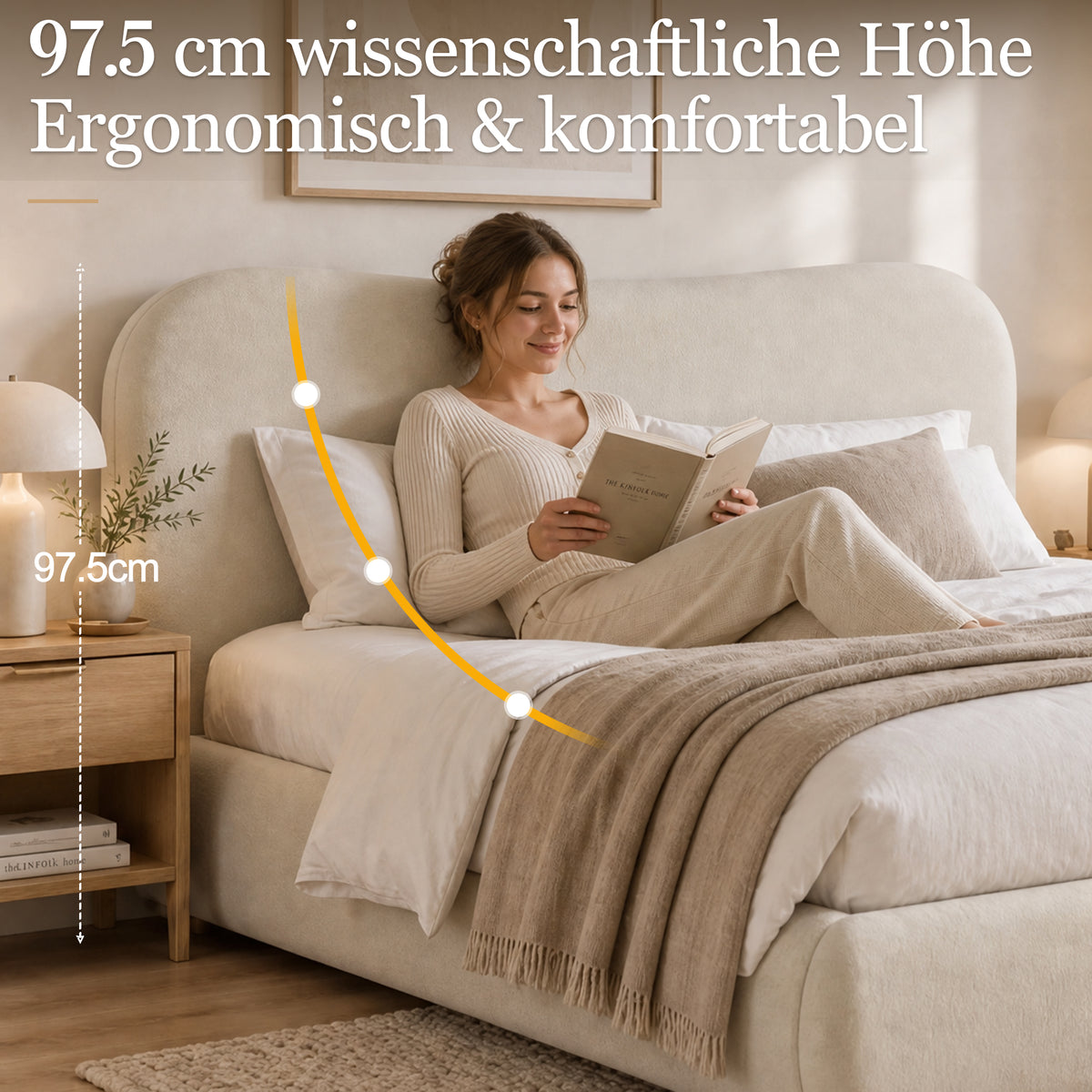 Upholstered Double Bed 160x200cm Hydraulic Storage, Beige Chenille