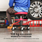 Workshop Stool with Wheels, Trays, Height Adjustable, Rolling, 135 kg, Red
