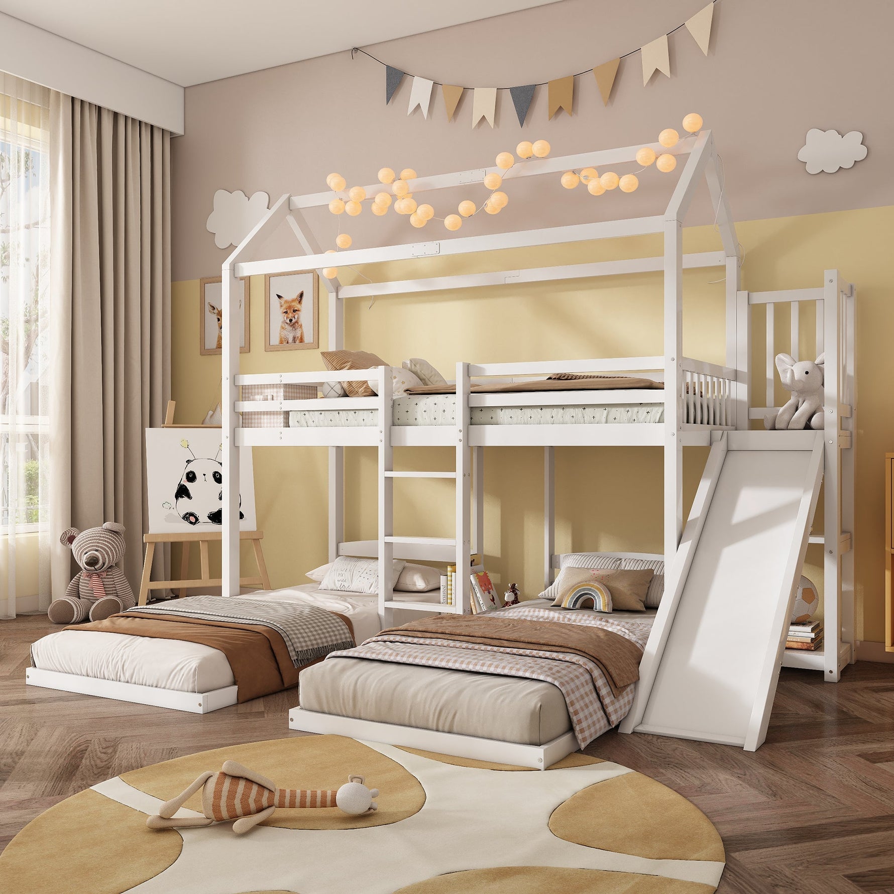 Bunk Bed, Children's with Slide, Roof Design, Three-Sleeper, Storage, Pine + MDF, White