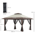 Folding Gazebo 4x4m Height Adjustable UV Protection Net Curtains Double Roof, Beige