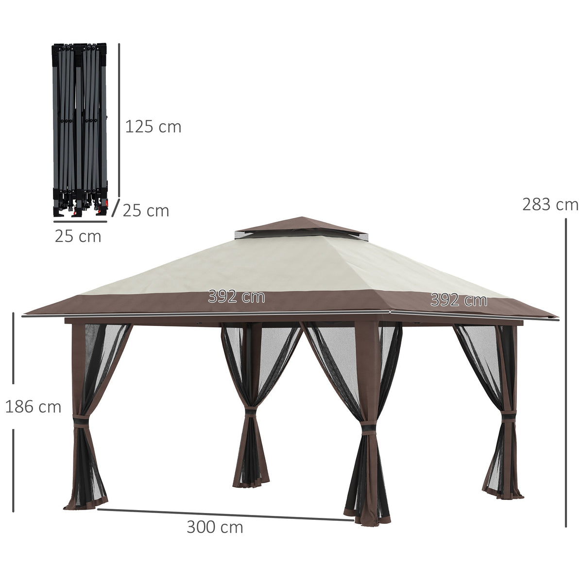 Folding Gazebo 4x4m Height Adjustable UV Protection Net Curtains Double Roof, Beige