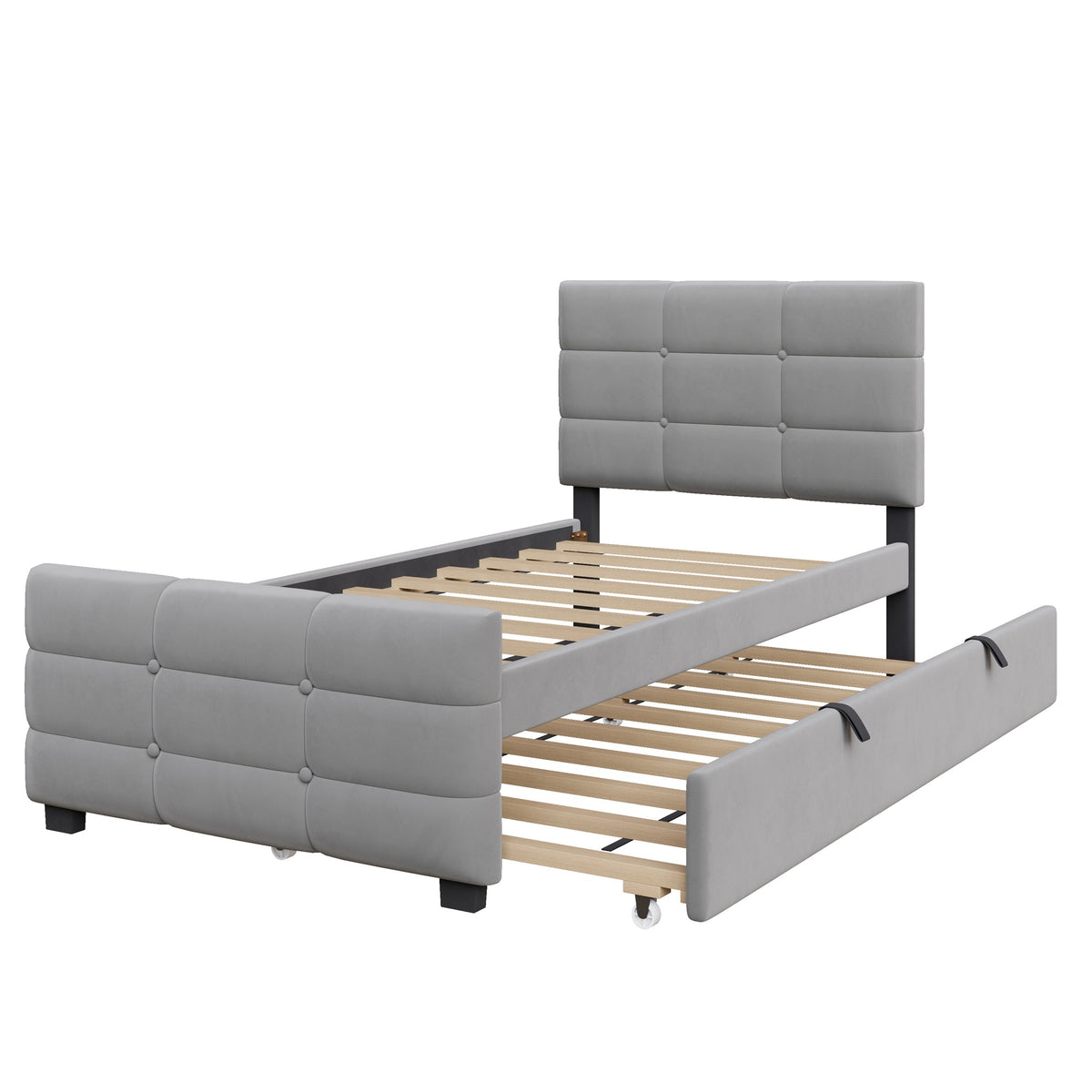 Upholstered Bed with Pull-out Bed, 90x190cm, Grey Velvet Fabric