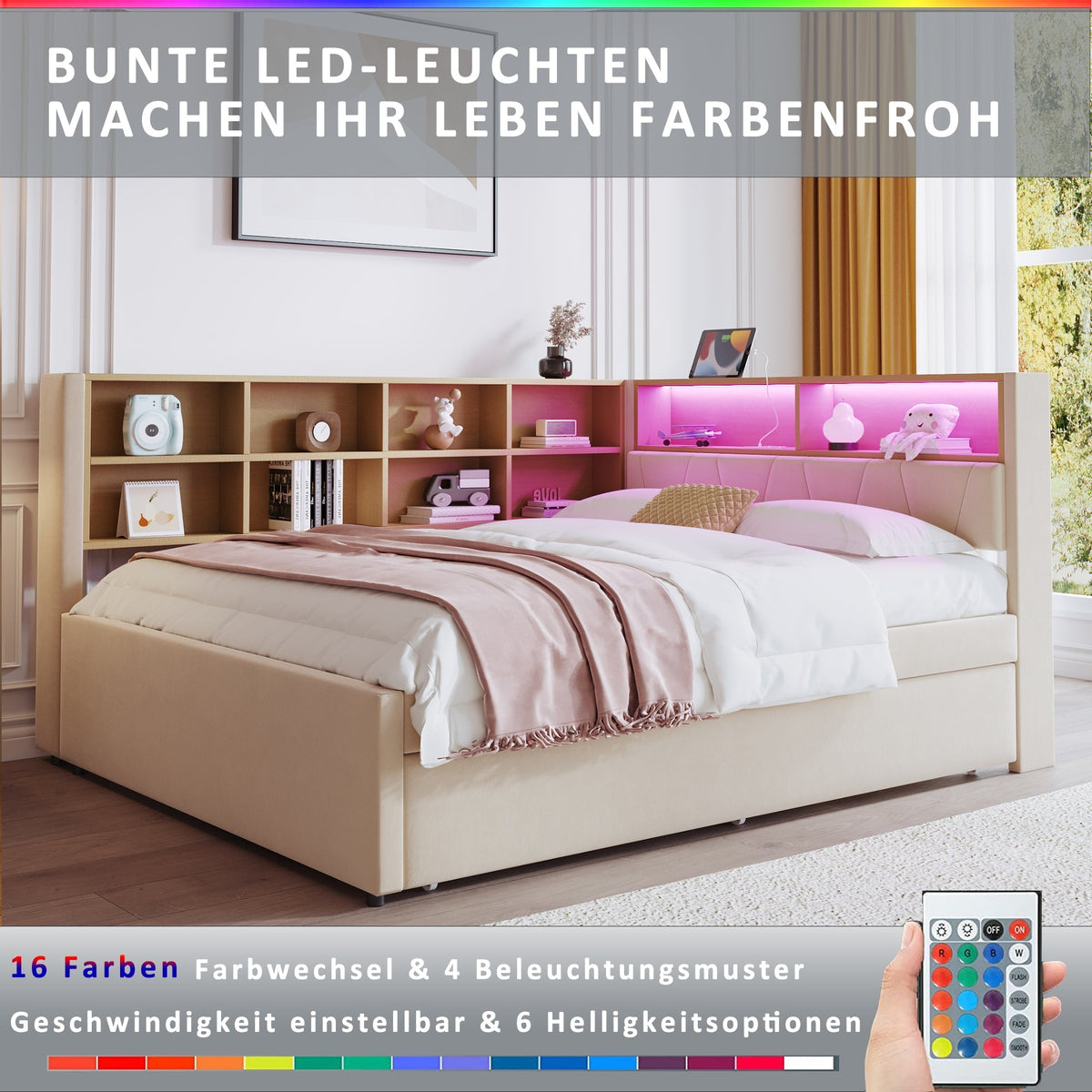 Sofa Bed 140x200, Pull-out 90x190, LED Lights & Storage, Flannel Beige