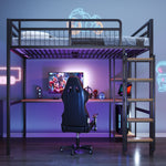 Metal Loft Bed, 140x200 cm with Ladder, Desk & Shelf, Black