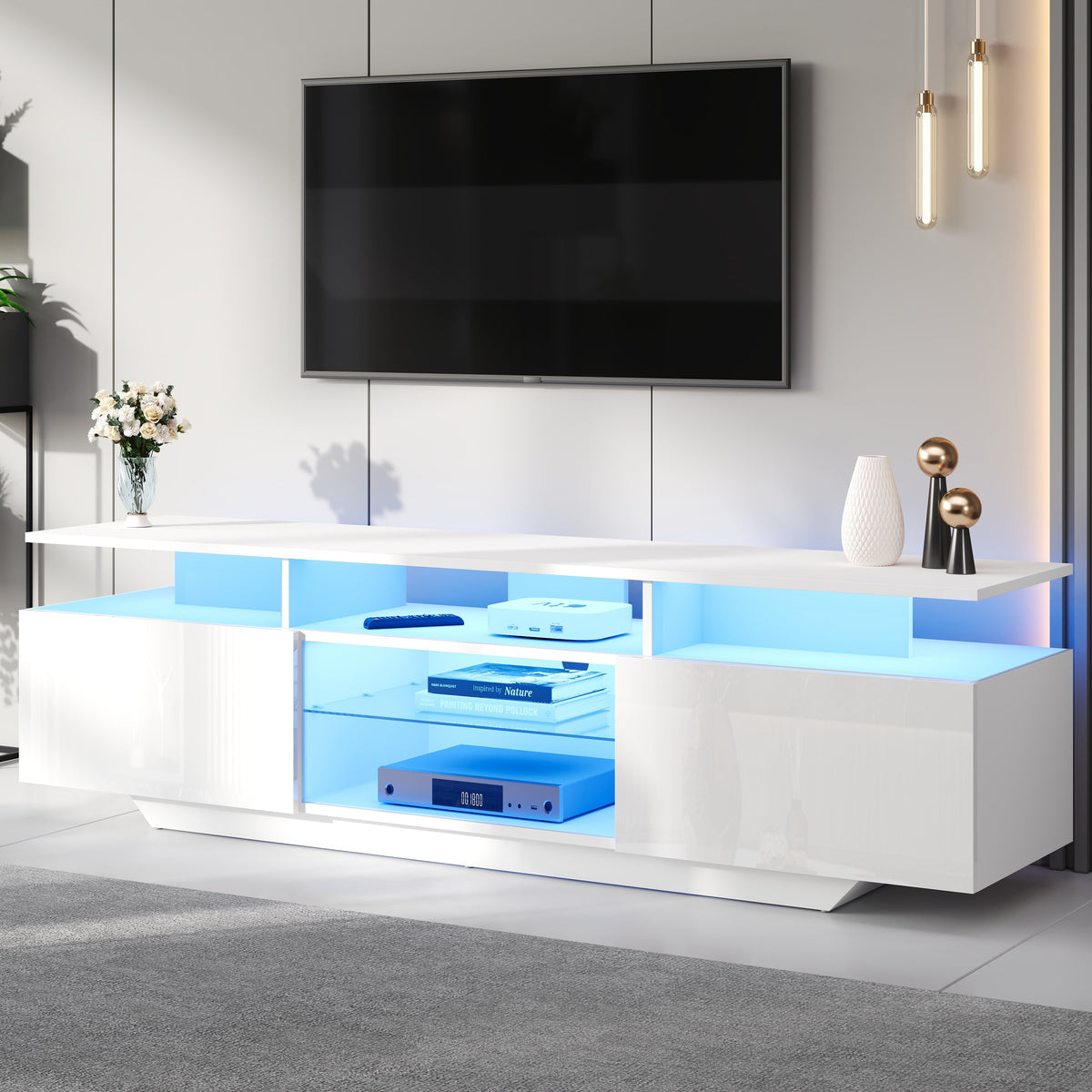 TV Cabinet 160x45cm High-Gloss LED Light 8 Shelves for 70-Inch TV, MDF