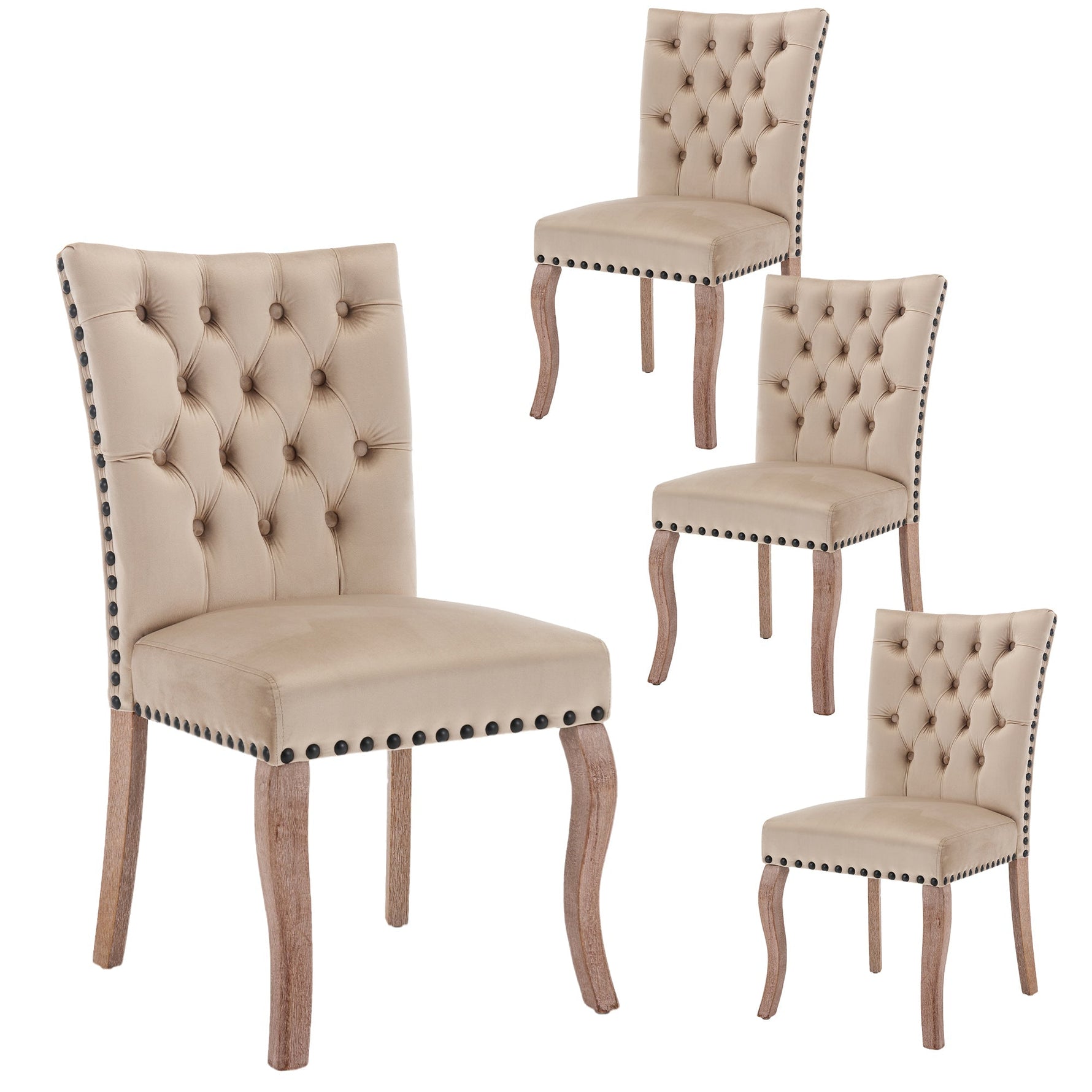 Dining Chair Set (4 Pcs) Upholstered Door Knocker Back Nailhead Trim, Light Camel Velvet