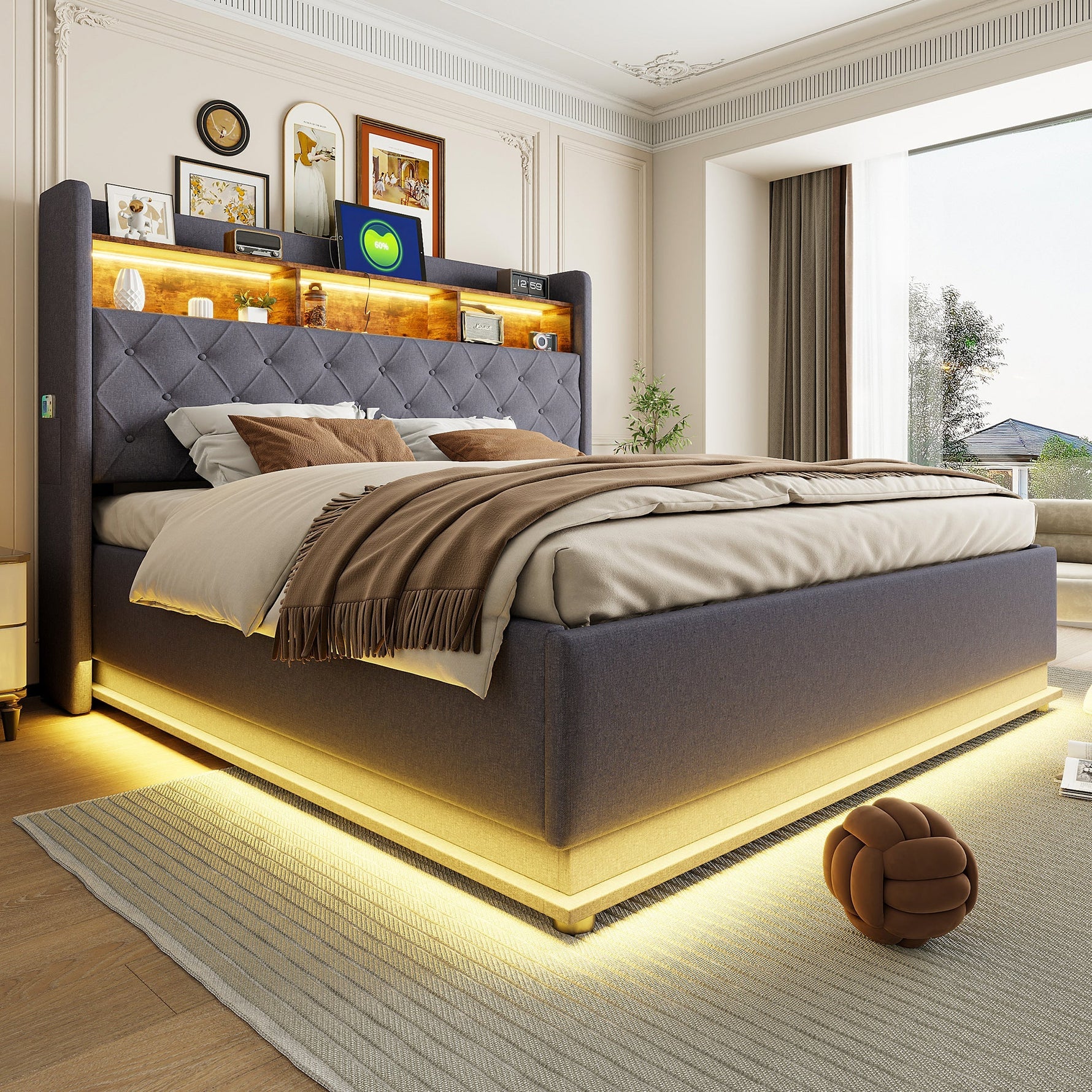 LED upholstered bed with USB and hydraulic storage, linen grey