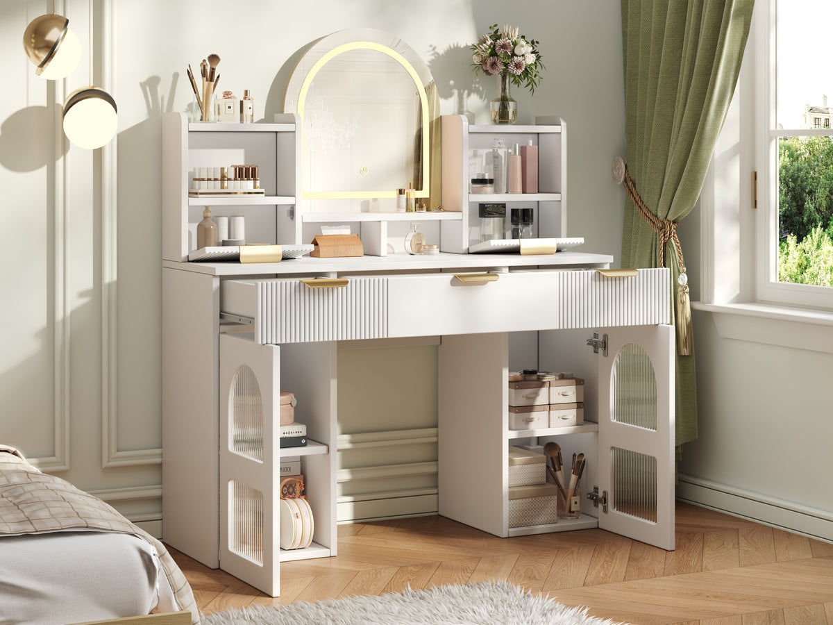 Large Dressing Table with LED Mirror, 3 Drawers & Shelves, White