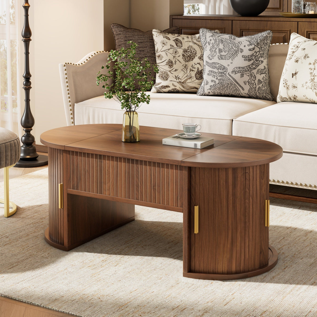 Modern Height-Adjustable Coffee Table with Storage and Sliding Doors, Wood