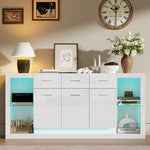 High-Gloss Sideboard 160cm with LED Light and 3 Drawers - White