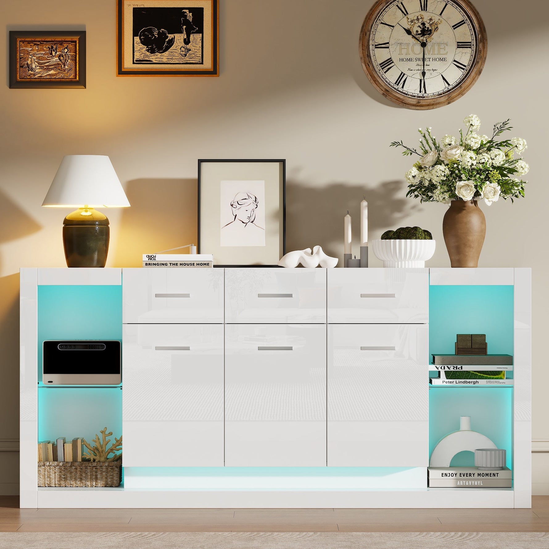 High-Gloss Sideboard 160cm with LED Light and 3 Drawers - White