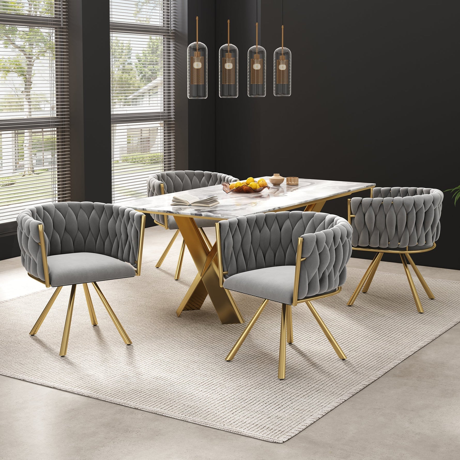Dining Chair Set of 6 Swivel Metal Legs - Velvet Grey/Gold