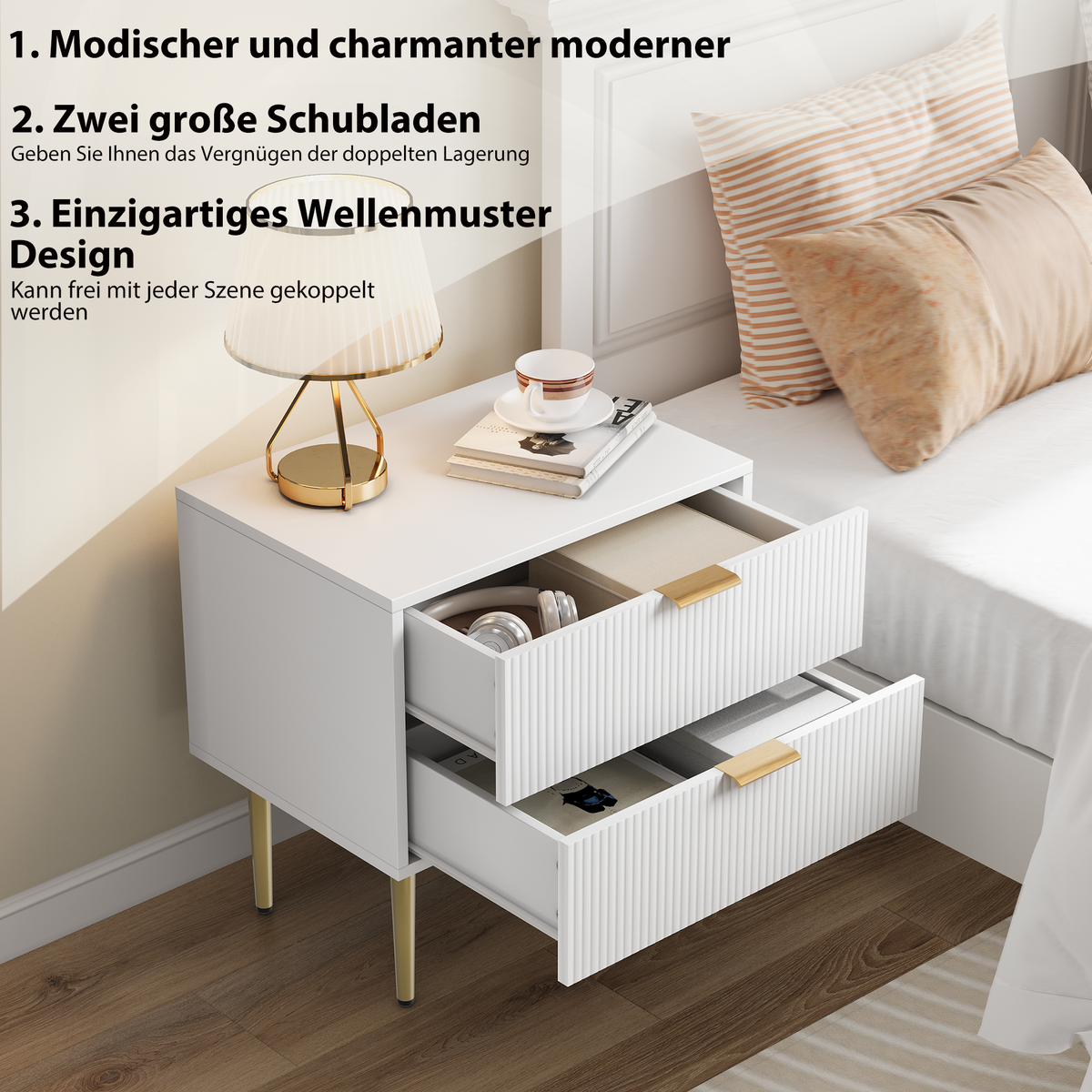 Bedside Table Wave Pattern 2 Drawers Metal Legs - White