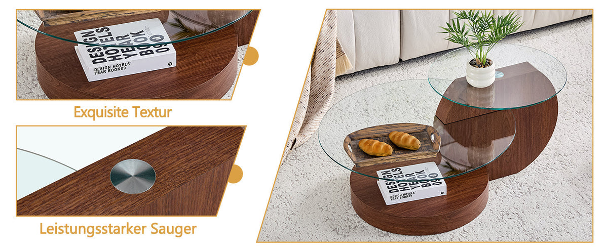 Modern Minimalist Coffee Table with Double-Layered Safety Glass and Multi-Tiered Design, Walnut Wood Grain Finish