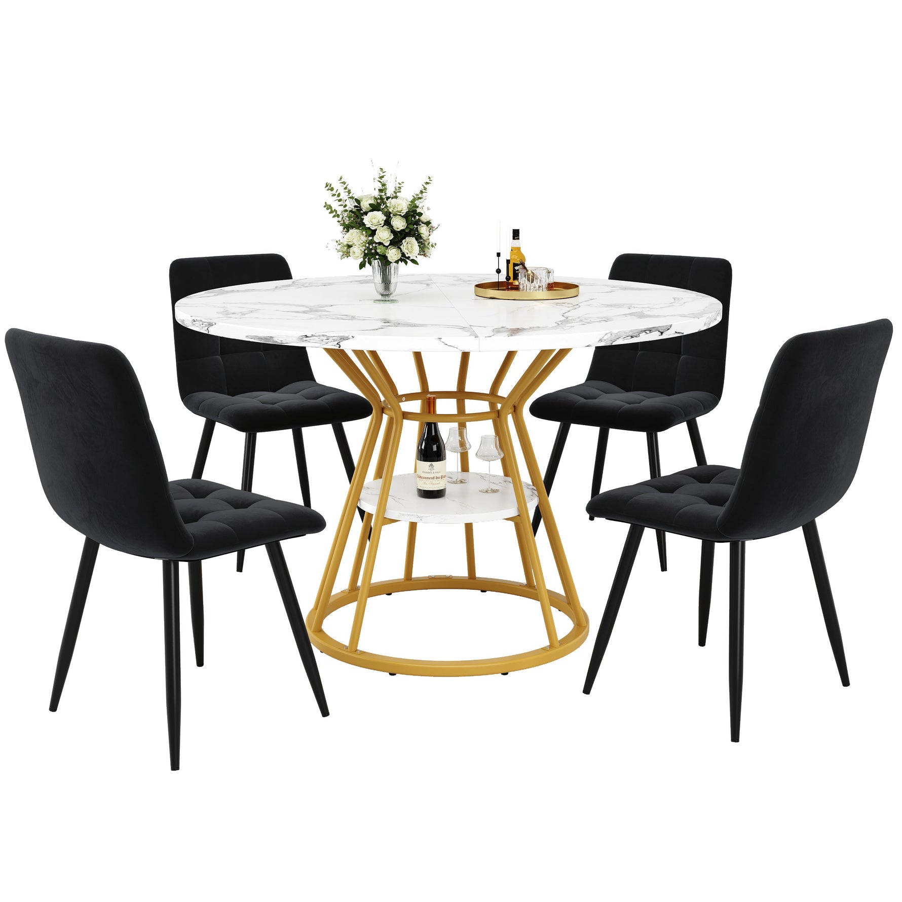 5-Piece Round Dining Table Set with 4 Velvet Chairs and Marble Top, Black